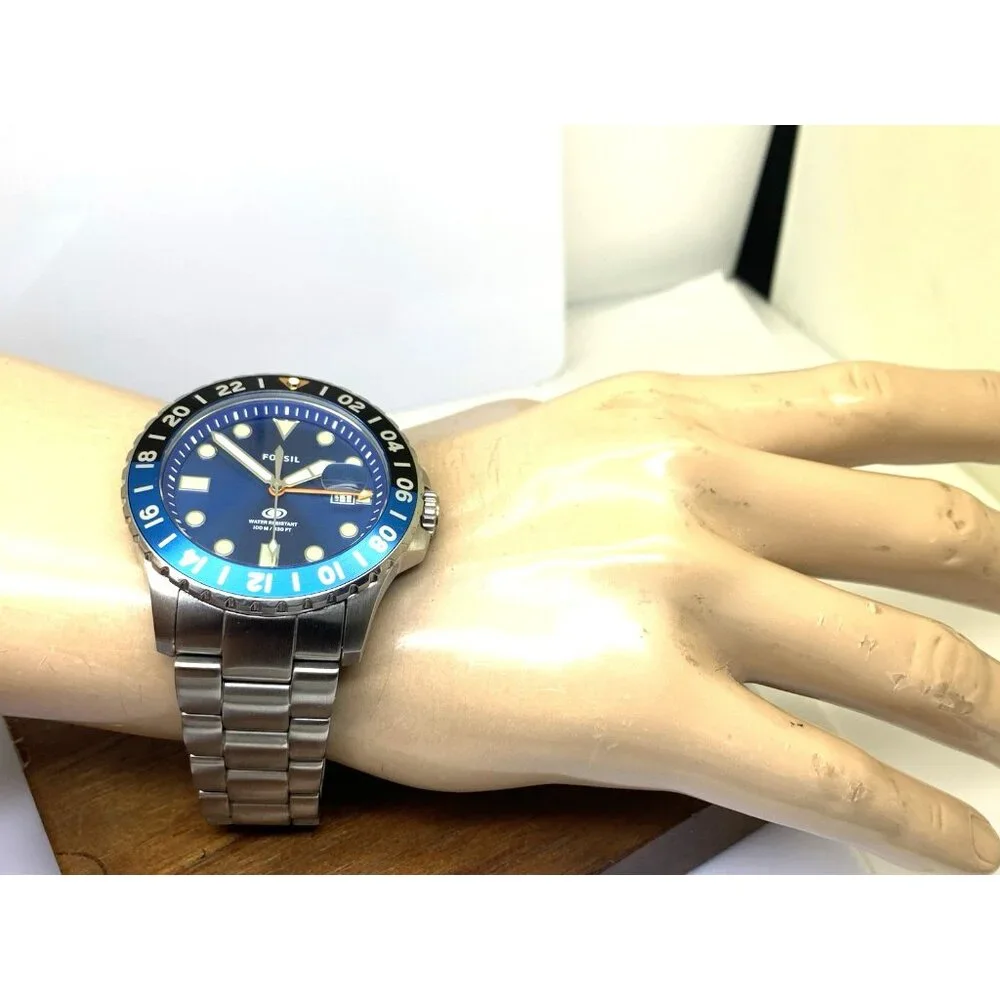 Fossil Men's Watch FS5991 GMT Quartz Blue Dial Silver Stainless Steel 46mm